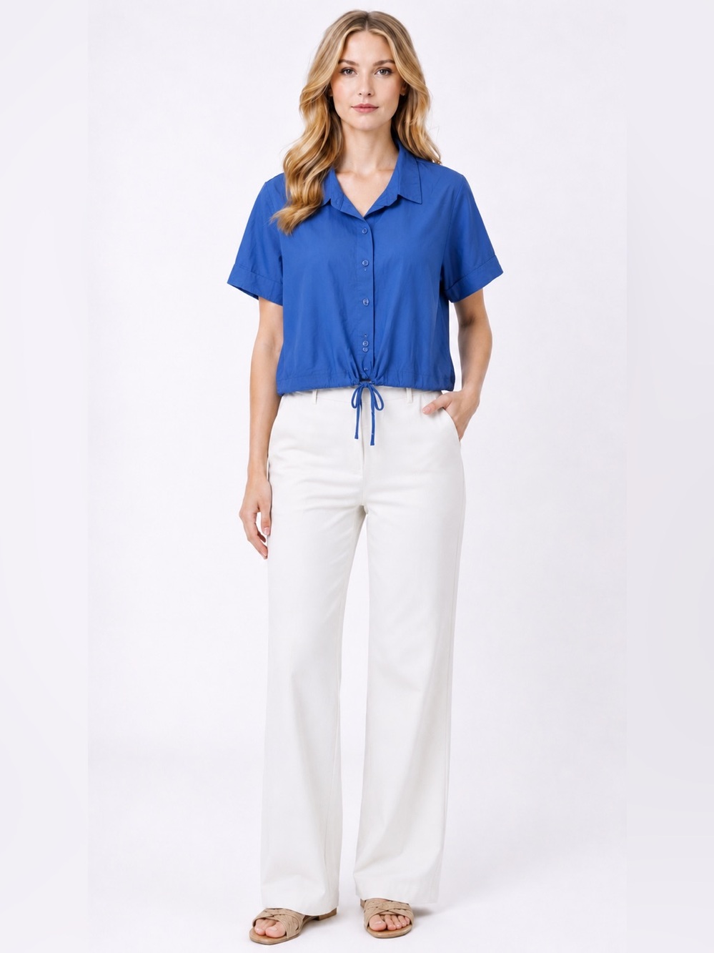 Simply Vera Wang Large Button Front Shirt Blue Drawstring Cord Hem Career Collar